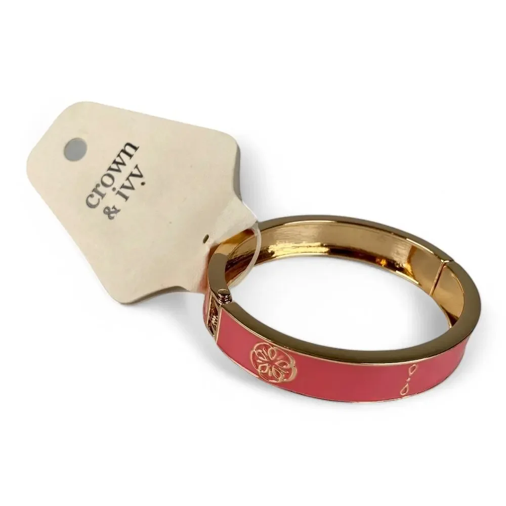 Montauk Weekend Clamper Bangle Bracelet Crown & Ivy Goldtone with Pink Enamel